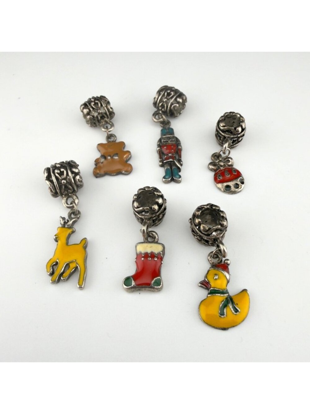 Vintage Christmas Enamel Charm Set Of 6 Stocking Reindeer Nutcracker Ornament